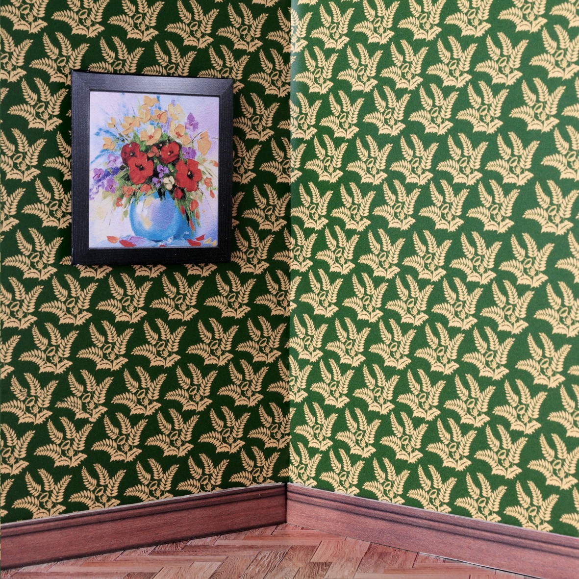 6. Gold Leaves on Dark Green Wallpaper