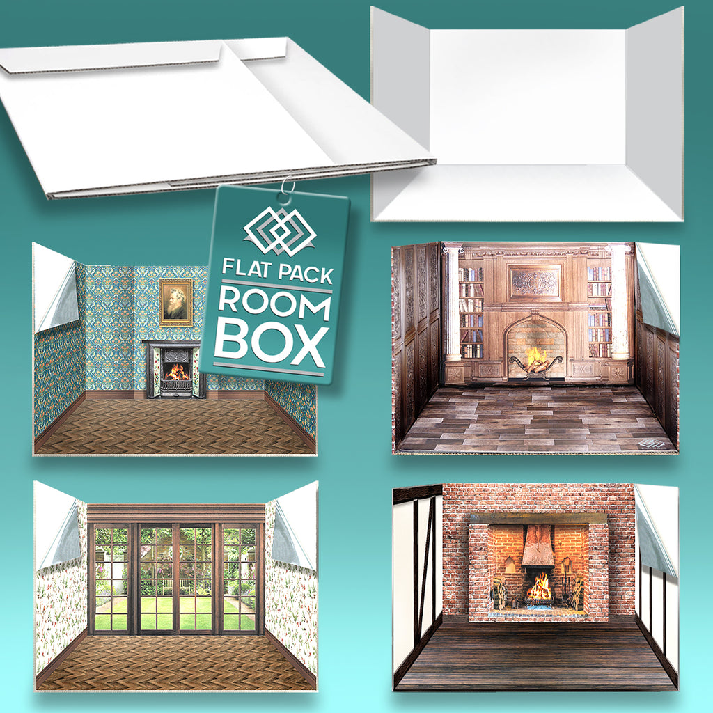 Professional 1:12 scale miniature room box system showing versatile flat-pack diorama displays for any dollhouse style