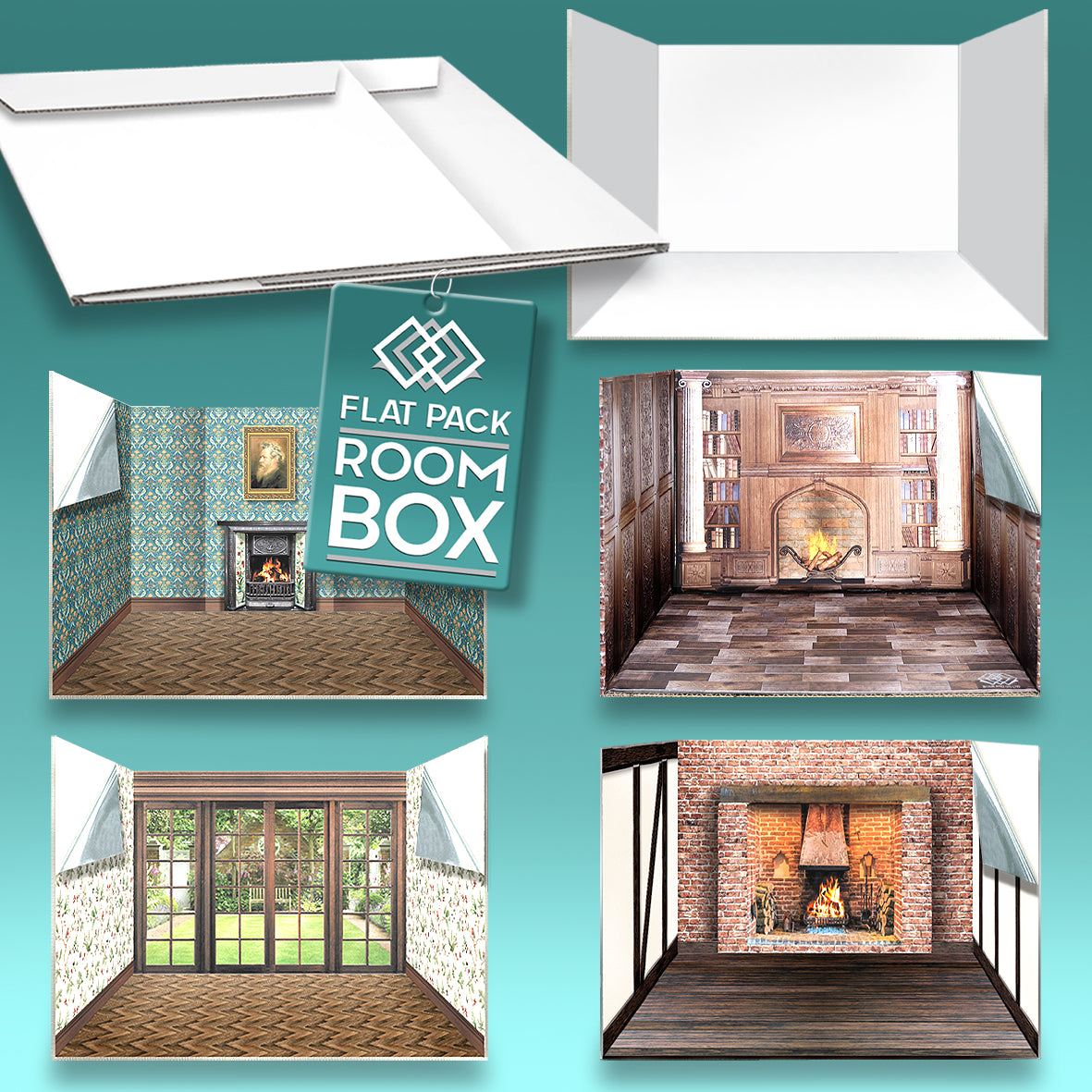 Professional 1:12 scale miniature room box system showing versatile flat-pack diorama displays for any dollhouse style
