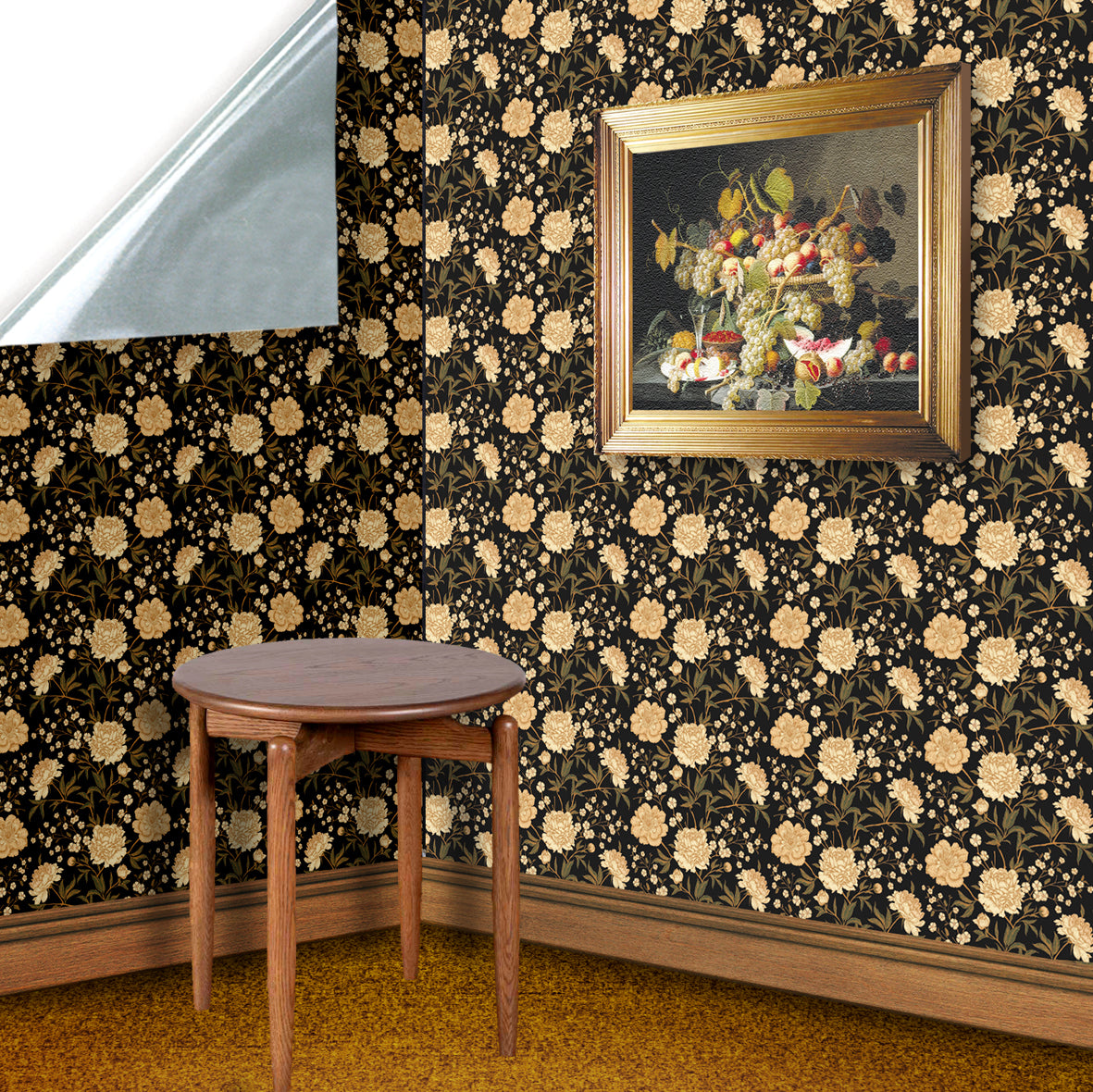 127. Victorian Floral Gold Black Wallpaper