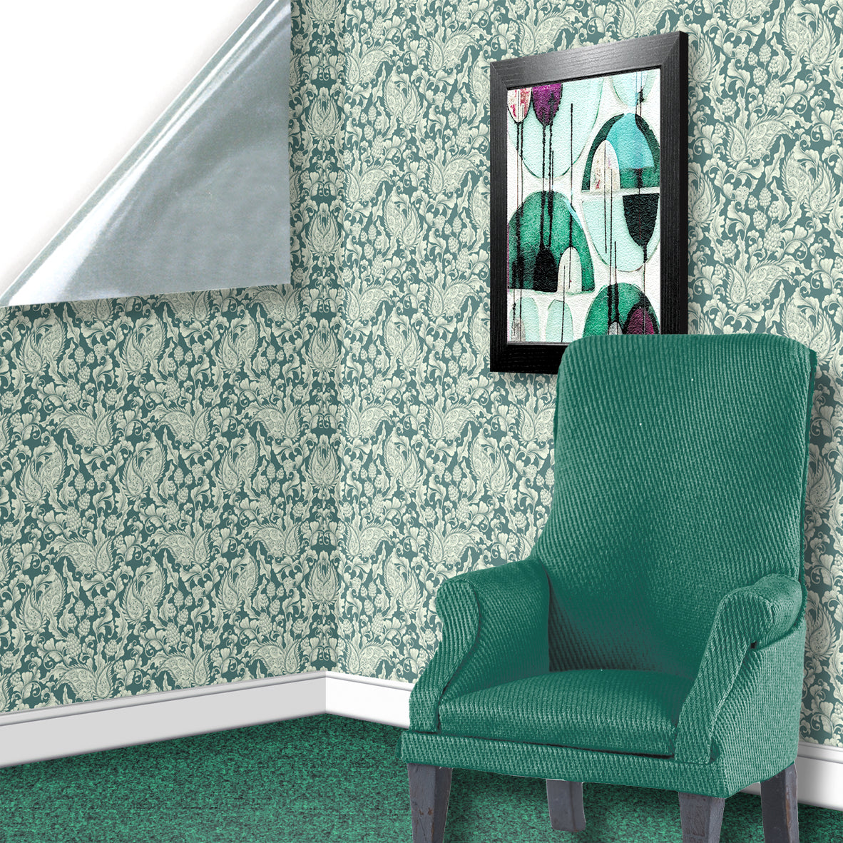 133. Edwardian Leaves On Teal Wallpaper