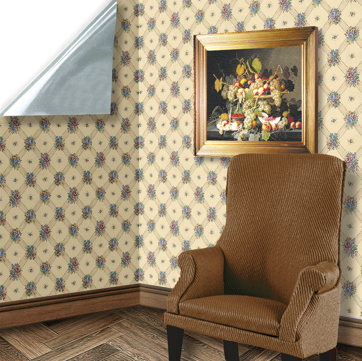 143. Vintage Lattice Floral Beige Wallpaper