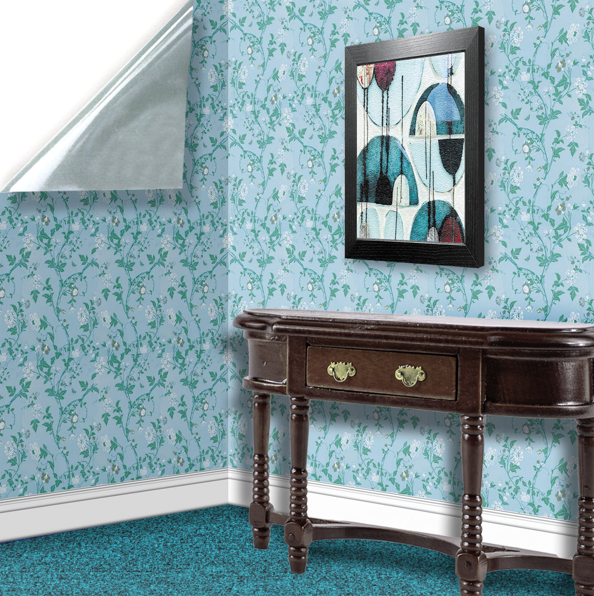 19. White Floral on Blue Wallpaper