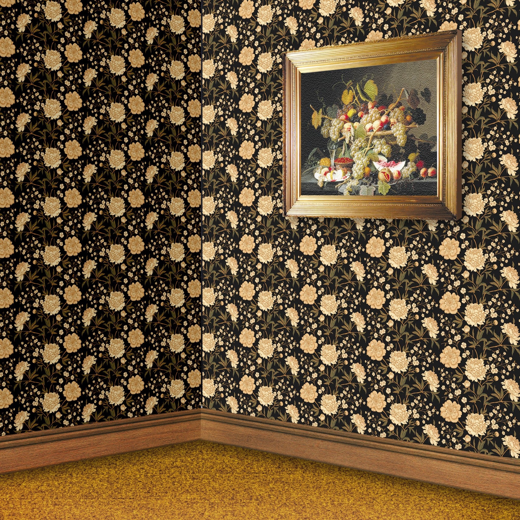 127. Victorian Floral Gold Black Wallpaper
