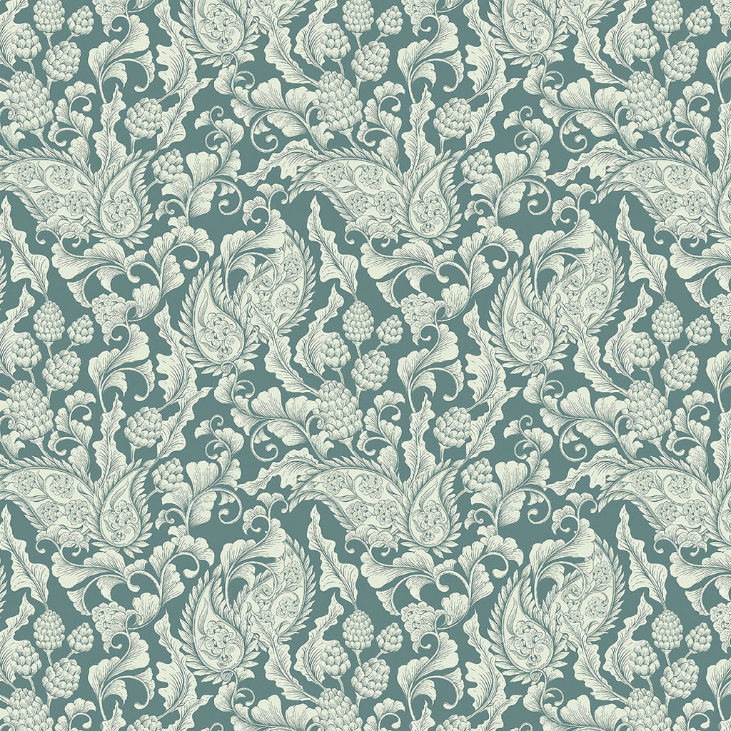 133. Edwardian Leaves On Teal Wallpaper