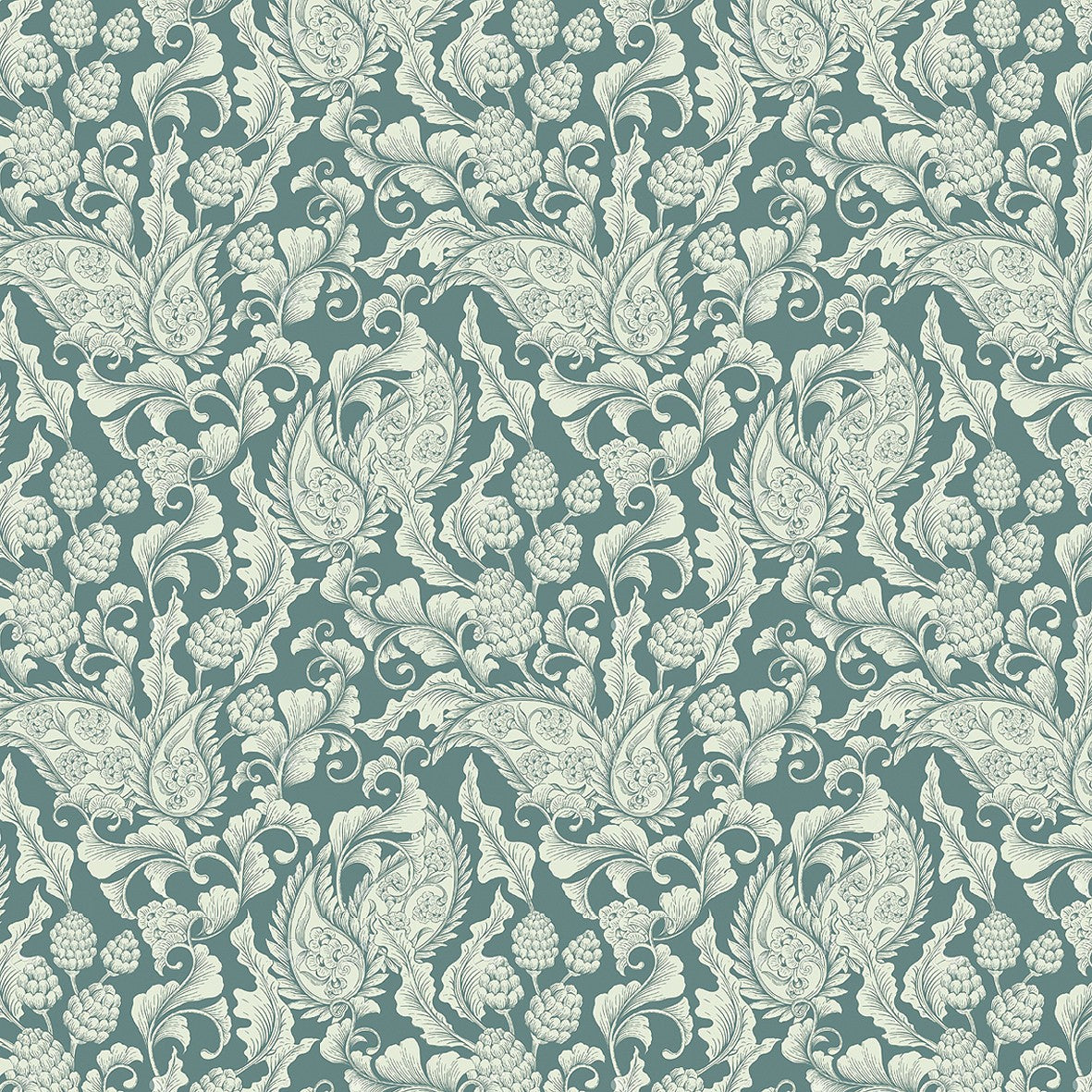 133. Edwardian Leaves On Teal Wallpaper