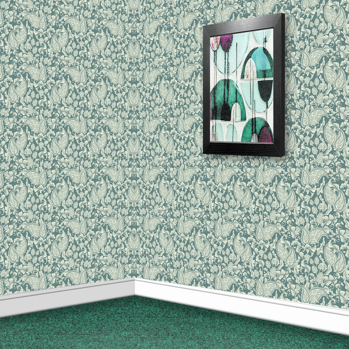 133. Edwardian Leaves On Teal Wallpaper