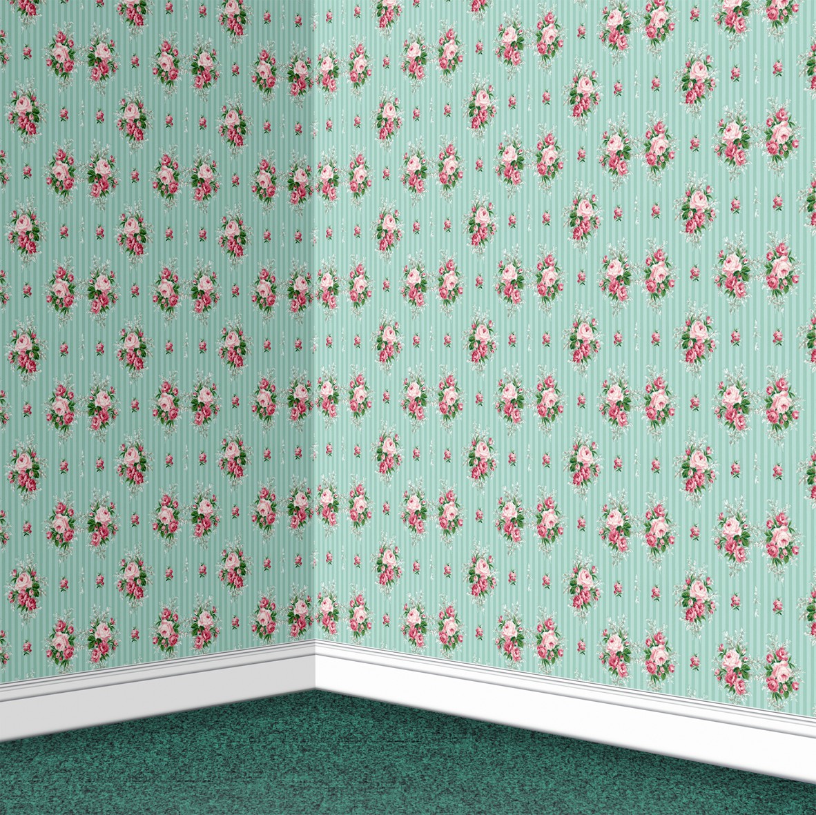 141. Vintage Floral Pink & Teal Wallpaper