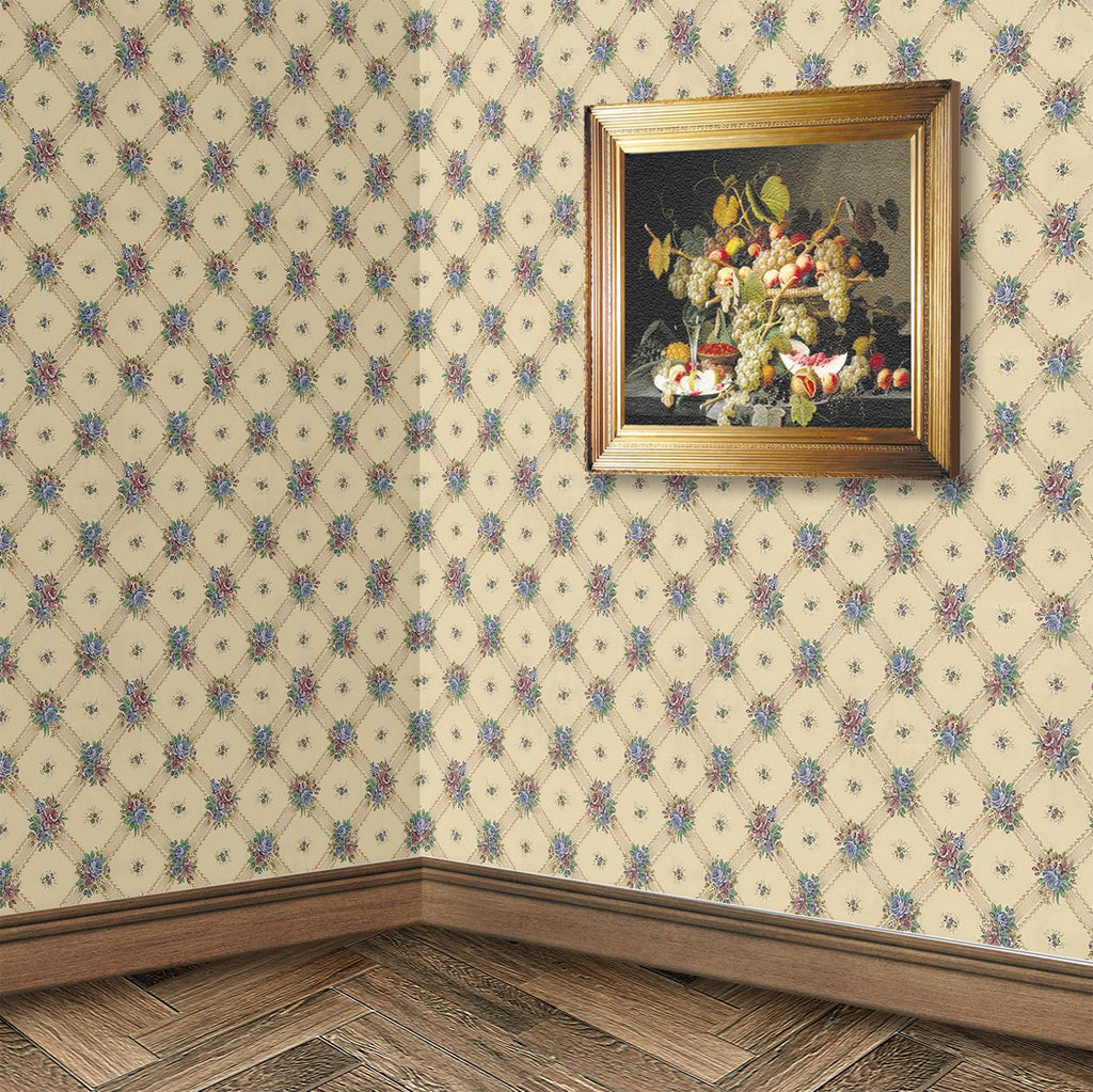 143. Vintage Lattice Floral Beige Wallpaper