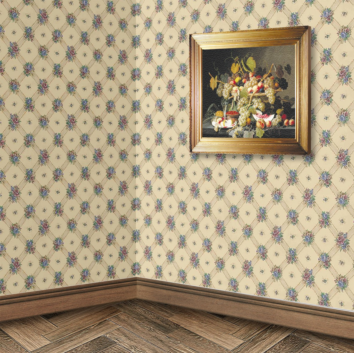 143. Vintage Lattice Floral Beige Wallpaper