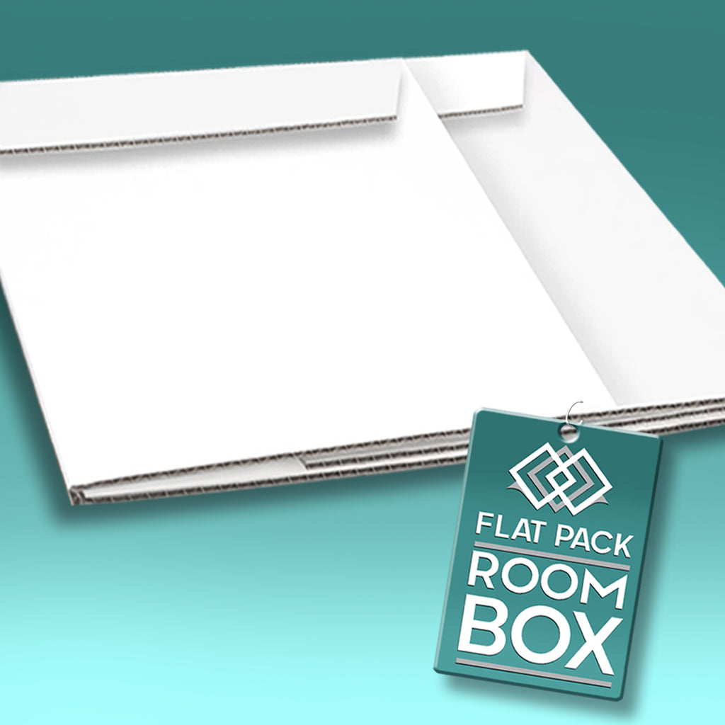 Space-saving miniature dolls house room box folded flat into an A4 storage sleeve; perfect for small-space living and bookshelf storage.