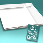Space-saving miniature dolls house room box folded flat into an A4 storage sleeve; perfect for small-space living and bookshelf storage.