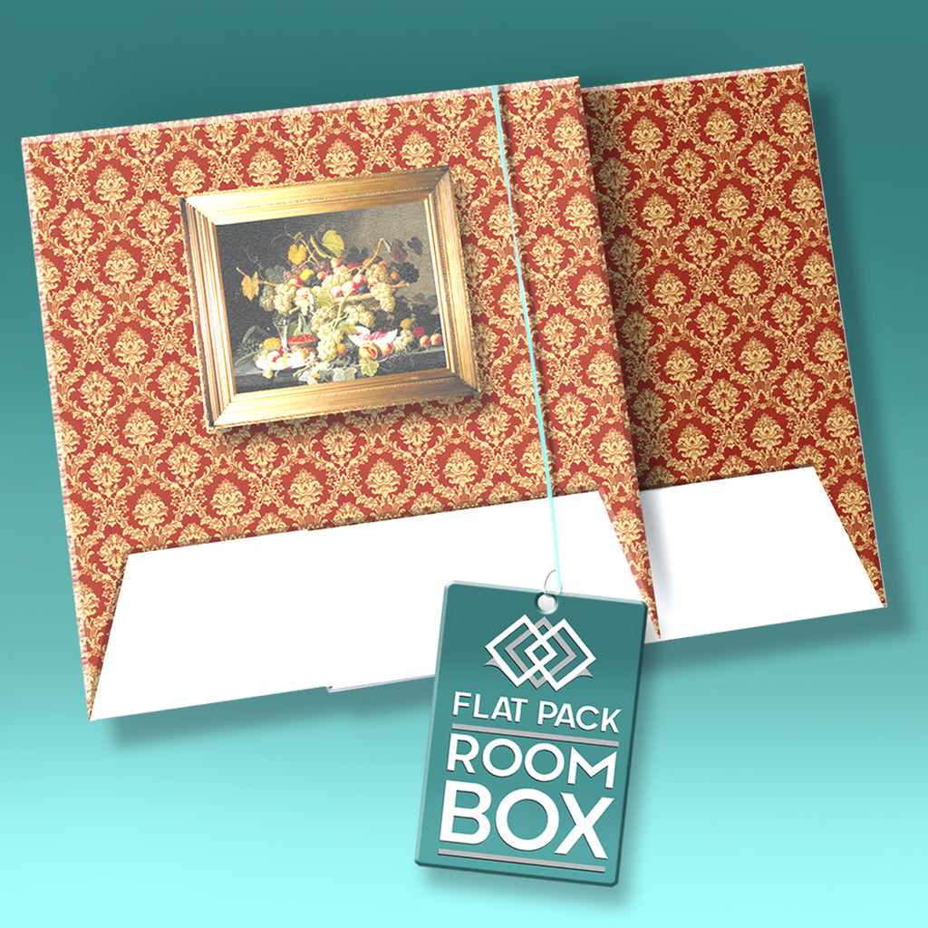 1/12 scale flat-pack decorative miniature room box fits in an A4 envelope for easy storage or transport to craft shows, conventions, and exhibitions.