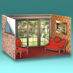 Realistic Edwardian 1-12 scale doll house scene showcasing miniature furniture, windows and handmade creations in a rigid, flat-pack archival-quality box.