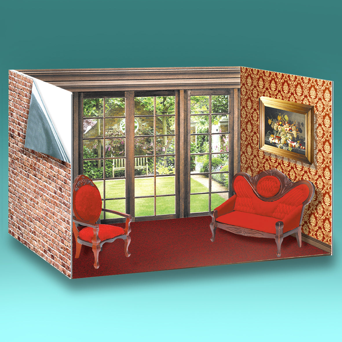 Realistic Edwardian 1-12 scale doll house scene showcasing miniature furniture, windows and handmade creations in a rigid, flat-pack archival-quality box.