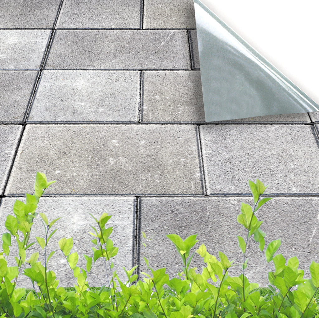 Peel and stick vinyl minitaure diorama Gray tiled floor old paving slabs or flagstone floor with green plants in the foreground