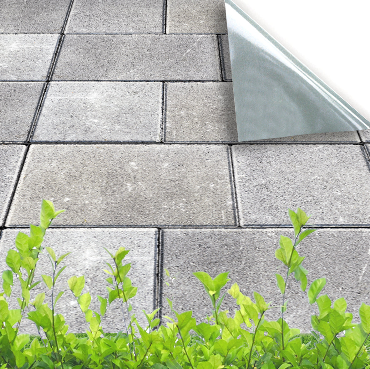 Peel and stick vinyl minitaure diorama Gray tiled floor old paving slabs or flagstone floor with green plants in the foreground