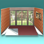 1:12 scale scenic backdrop in room box with realistic windows, flooring and self adhesive wallpaper textures for miniature models and battle scenes.